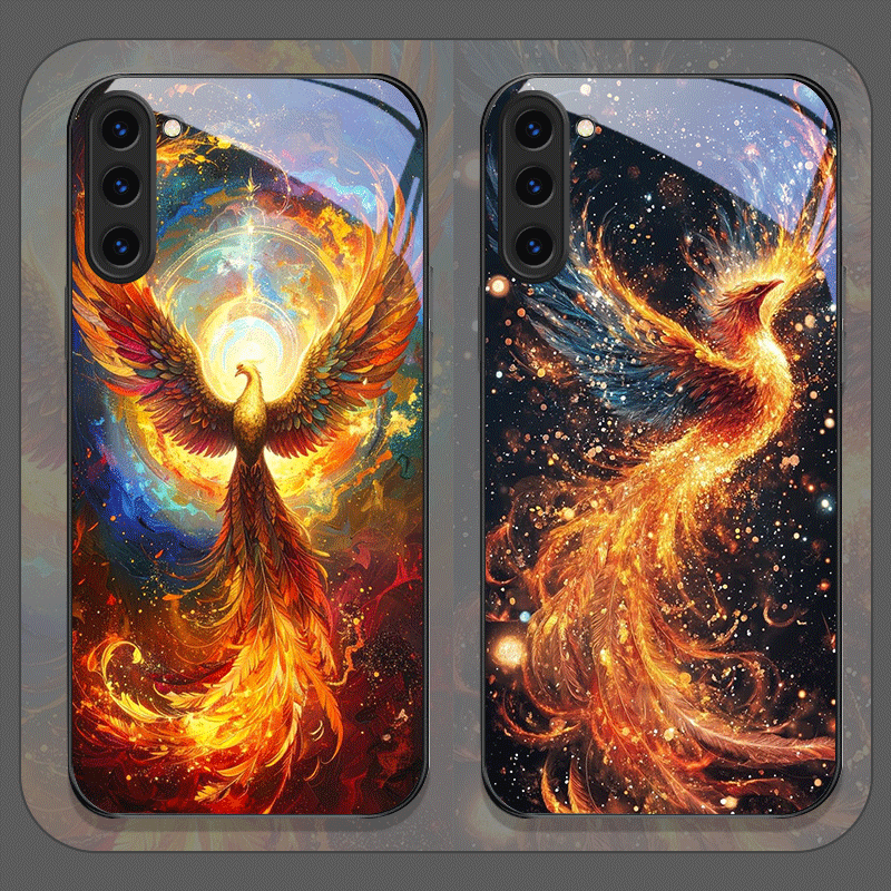 Phone Cases Samsung S25 - 미학적인 불사조 깃털 패턴 강화유리 폰