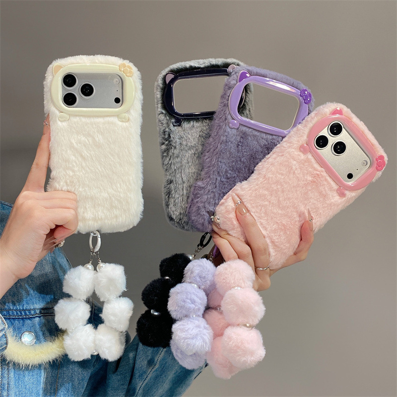 Phone Cases Protective - 고급 솔리드 컬러 퍼리 플러시 폰